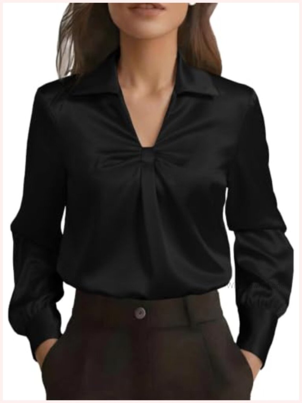 Women's Satin Blouse Long Sleeve V-Neck Ruched Top